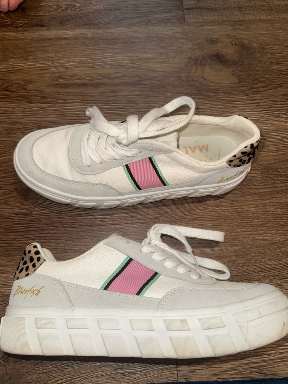 Blowfish White Sneakers with Pink & Green Stripe and Leopard Heel